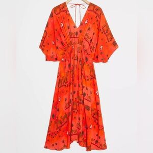 Anthropology Isabelle feliuOrange Printed V-Neck Maxi Dress with Tie-Back Detail